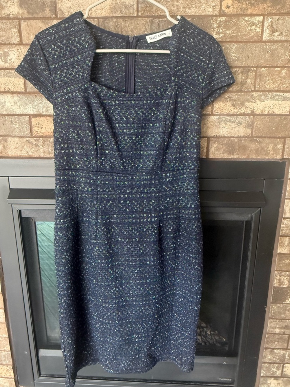 Grace Karin Navy Tweed Cap Sleeve Midi Dress L